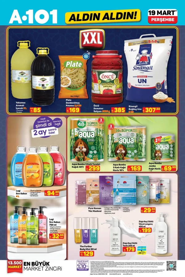 19 Mart A101 Aldın Aldın Kataloğu: 9 Kg Sinangil Un ve 48’li Aqua Bambu Tuvalet Kağıdı ile Mutfak ve Temizlik Stoğu Vakti