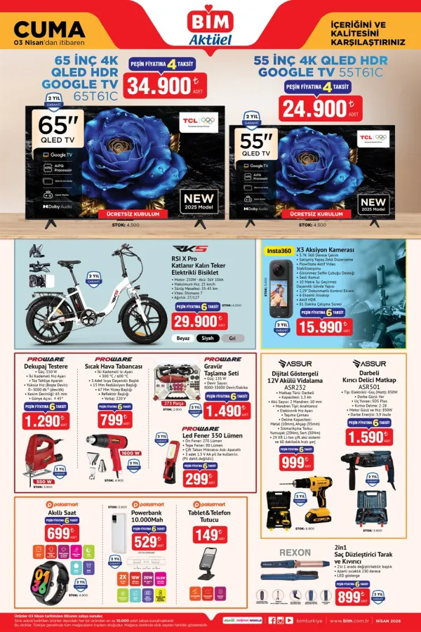 3 Nisan BİM Aktüel Ürünler: TCL 65 İnç QLED TV ve Insta360 X3 Aksiyon Kamerası Geliyor
