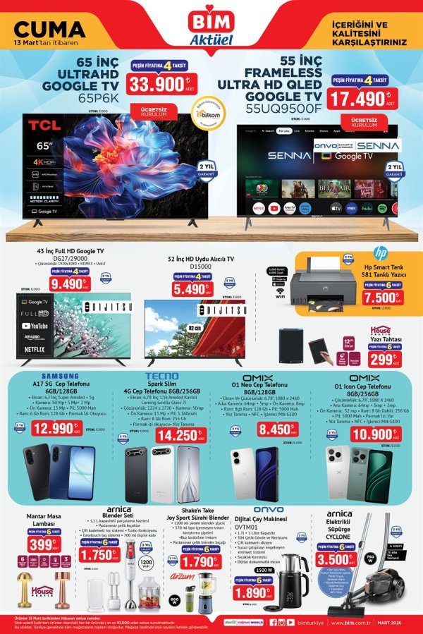 BİM 13 Mart 2026 Aktüel Ürünler Kataloğu: Dev Ekran TV'ler ve Samsung Telefonlarda Kaçırılmayacak Fiyatlar!