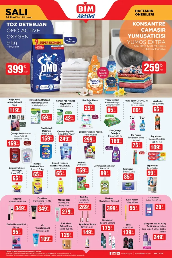 24 Mart BİM Aktüel Ürünler Kataloğu - Omo 9 KG Toz Deterjan ve Maybelline Firework Maskara