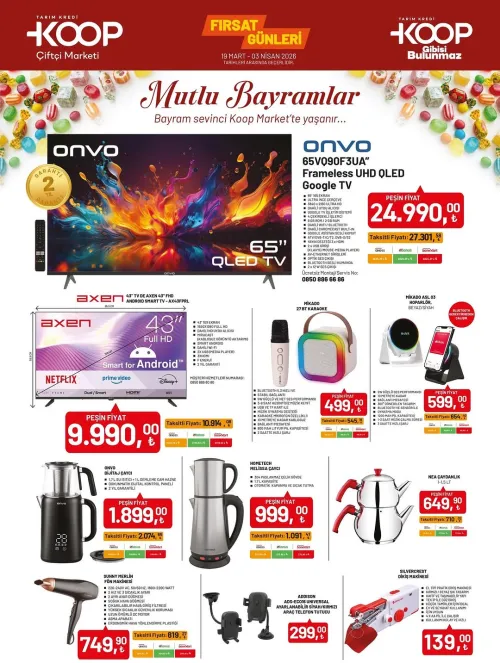 19 Mart - 3 Nisan 2026 Tarım Kredi Aktüel Ürünler - Onvo 65 İnç QLED TV ve Axen Smart TV